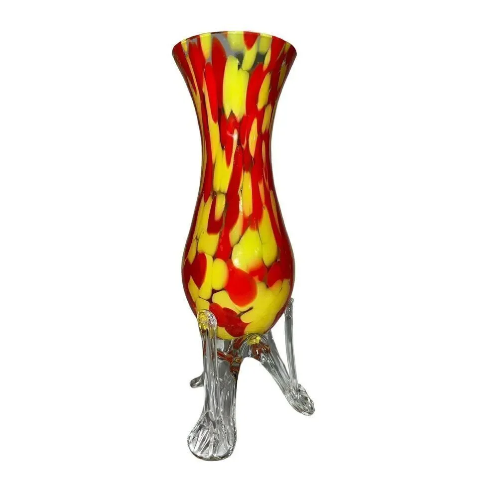 VTG Franz Welz Red and Yellow Spatter Vase on Clear glass Strutted Tripod Legs